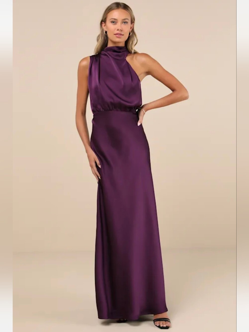NWOT Lulus Distinctive Charm Plum Purple Satin Asymmetrical Maxi Dress XS